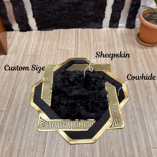 Gold & Black Cowhide Sheepskin Rug: Fluffy Lambskin Fur Area Rug - BuzzLeatherCarpetGold & Black Cowhide Sheepskin Rug: Fluffy Lambskin Fur Area Rug