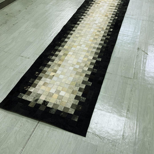 Handmade Black & White Cowhide Runner Rug: Patchwork Area Rug - BuzzLeatherCarpetHandmade Black & White Cowhide Runner Rug: Patchwork Area Rug