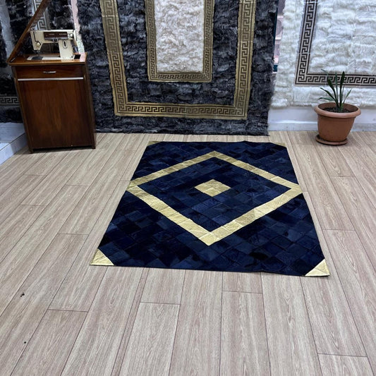Handmade Gold & Dark Blue Cowhide Patchwork Rug (4x6 ft) - BuzzLeatherCarpetHandmade Gold & Dark Blue Cowhide Patchwork Rug (4x6 ft)