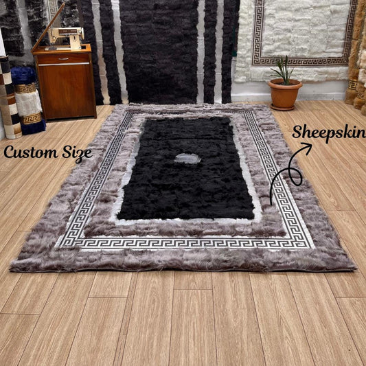 Handmade Gray - Black Sheepskin Patchwork Rug: Fluffy Wool Area Rug - BuzzLeatherCarpetHandmade Gray - Black Sheepskin Patchwork Rug: Fluffy Wool Area Rug