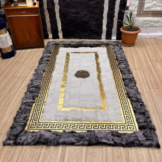 Handmade Gray - Gold Sheepskin Patchwork Rug: Wool Leather Area Rug - BuzzLeatherCarpetHandmade Gray - Gold Sheepskin Patchwork Rug: Wool Leather Area Rug
