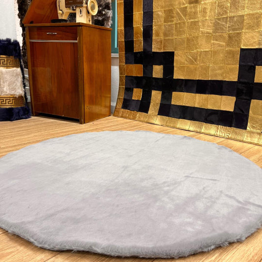 Handmade Gray Plush Faux Leather Round Rug - 4&39; Diameter - BuzzLeatherCarpetHandmade Gray Plush Faux Leather Round Rug - 4&39; Diameter