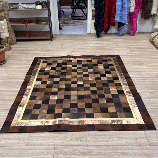 Handmade Tricolor Cowhide Rug: Leather Patchwork Area Rug - BuzzLeatherCarpetHandmade Tricolor Cowhide Rug: Leather Patchwork Area Rug