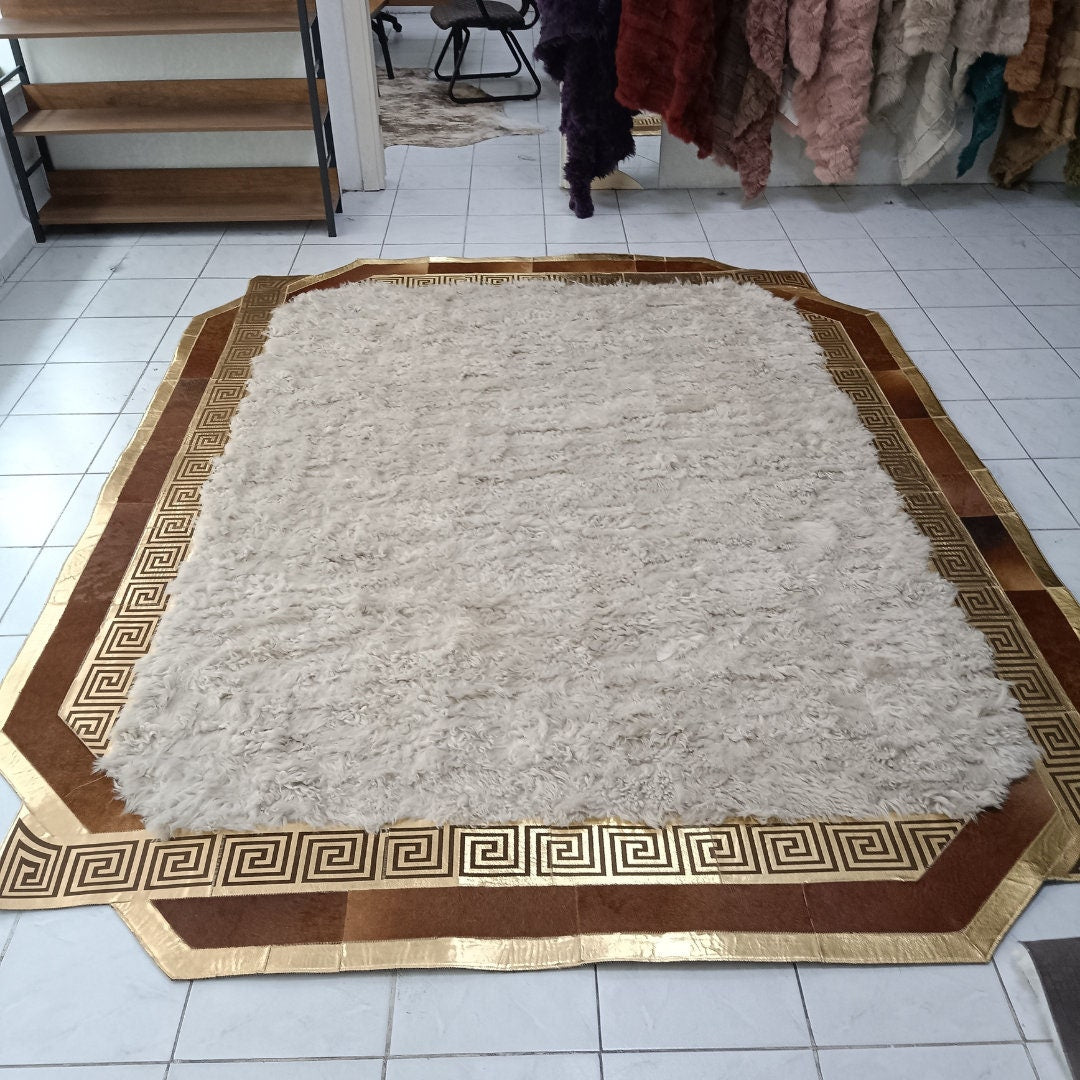 White Sheepskin Rug, Natural Gold and Brown Cowhide Rug, Genuine Lambskin Fur Rug, Rugs For Living Room, Mother's Day Gift