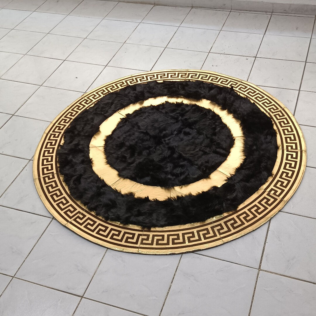 Luxury Black-Gold Sheepskin Patchwork Area Rug for Bedroom, Round Sheepskin Rug, Giant Sheepskin Carpet, Fur Rugs for Living Room