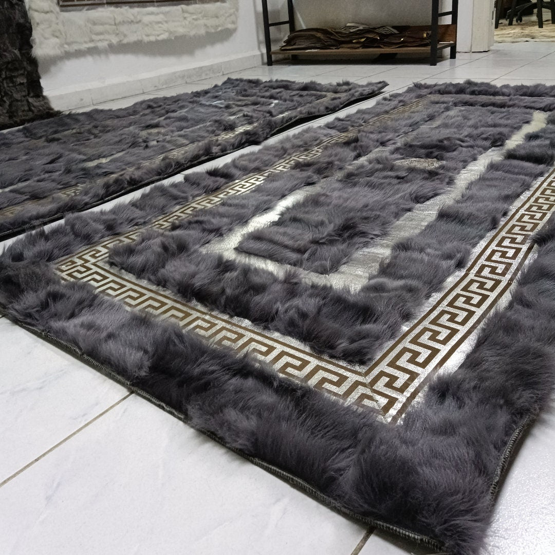 Luxury Anthracite-Silver Sheepskin Rug for Living Room, Natural Floor Fur Rugs, Shaggy Area Rugs, Sheepskin Area Rugs, Mother's Day Gift