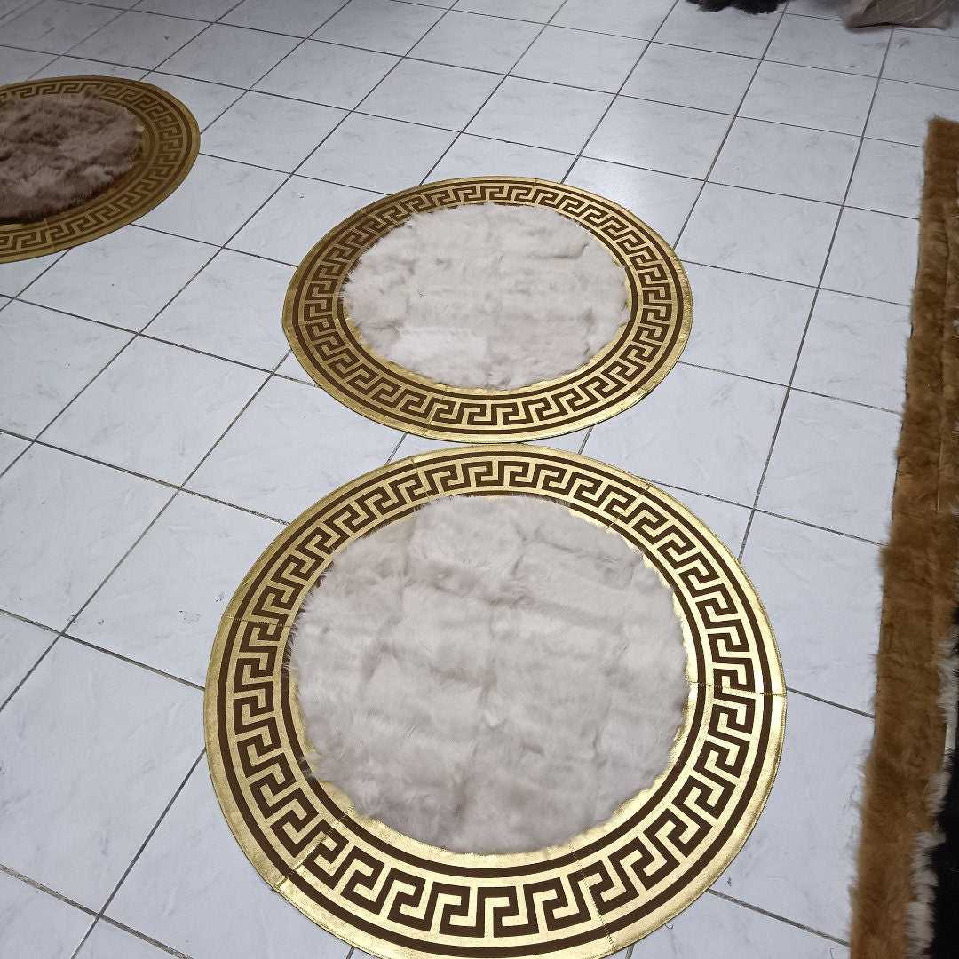 Round White Large Sheepskin Rug - Handmade Area Rug - Patchwork Rug - Giant Sheepskin Rugs for Living Room - Leather Rug - New Home Gift