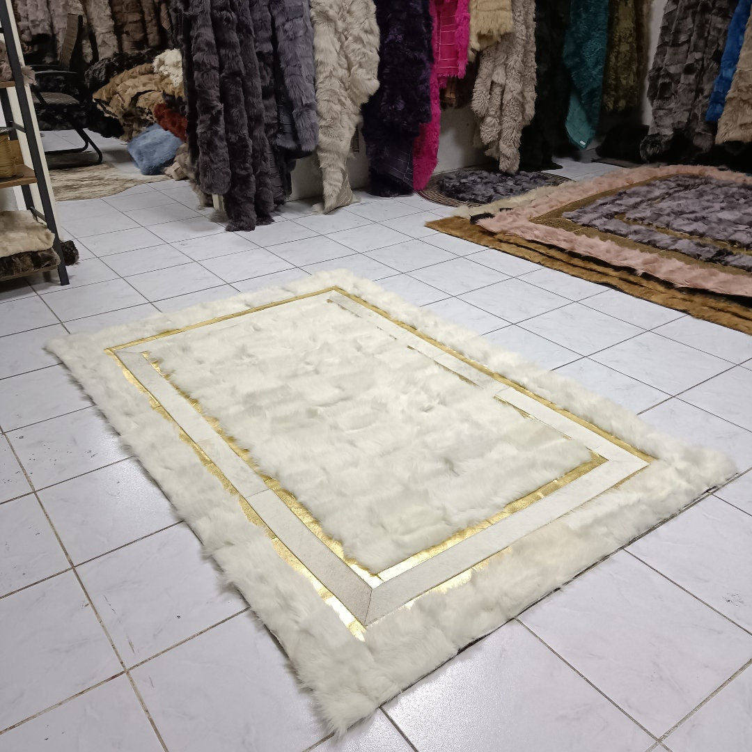 White Sheepskin Rug - White-Gold Sheepskin Fur Rug - Shaggy Soft Area Rugs - Real Leather Carpet - Rugs For Living Room - Mother's Day Gift