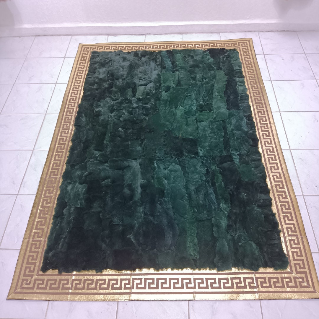 Handmade Green Rabbit Fur Rug - Genuine Rabbit Fur Plush Rug - Non Slip Leather Rug - Rug for Living Room - Leather Area Rug - New Home Gift