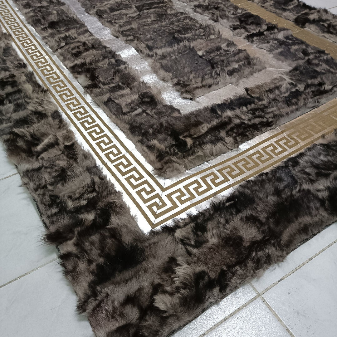 Natural Gray-Silver Sheepskin Patchwork Rug, Handmade Sheepskin Area Rugs, Fluffy Sheepskin Carpet, Wool Leather Rug, Mother's Day Gifts