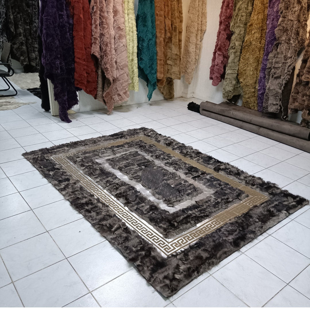 Natural Gray-Silver Sheepskin Patchwork Rug, Handmade Sheepskin Area Rugs, Fluffy Sheepskin Carpet, Wool Leather Rug, Mother's Day Gifts
