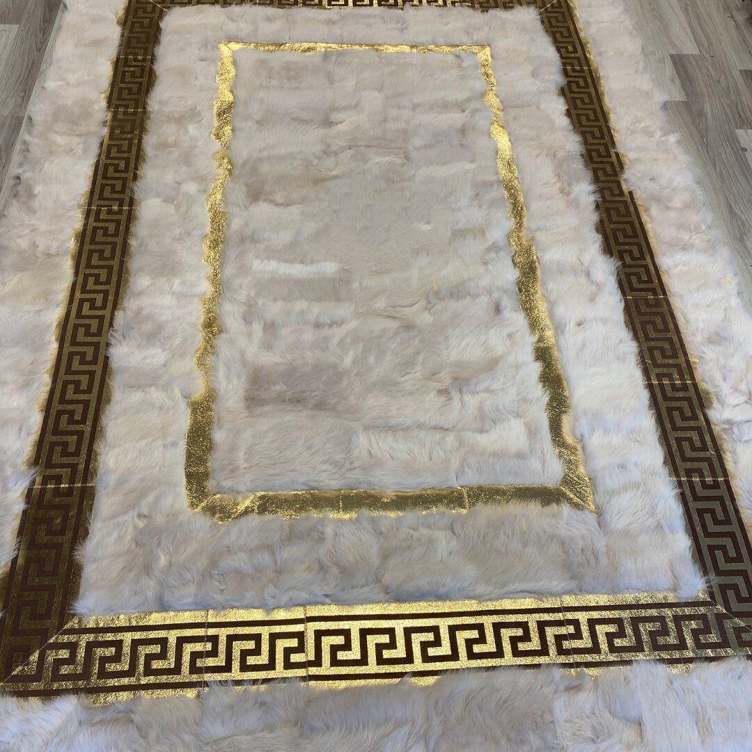 White Sheepskin Rug - White-Gold Sheepskin Fur Rug - Shaggy Soft Area Rugs - Real Leather Carpet - Mother's Day Gift