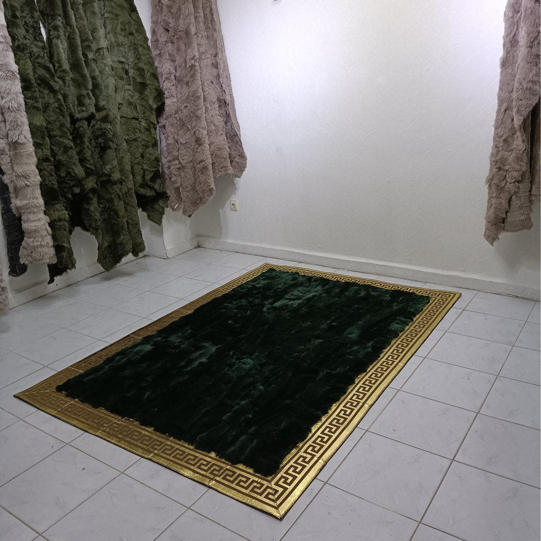 Handmade Green Rabbit Fur Rug - Genuine Rabbit Fur Plush Rug - Non Slip Leather Rug - Rug for Living Room - Leather Area Rug - New Home Gift