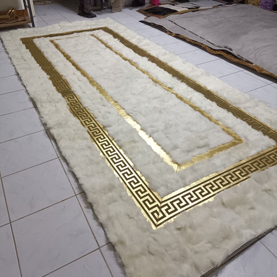White Large Sheepskin Rug, White-Gold Sheepskin Fur Rug, Shaggy Soft Area Rugs, Real Leather Carpet, Wool Area Rugs, Mother's Day Gift