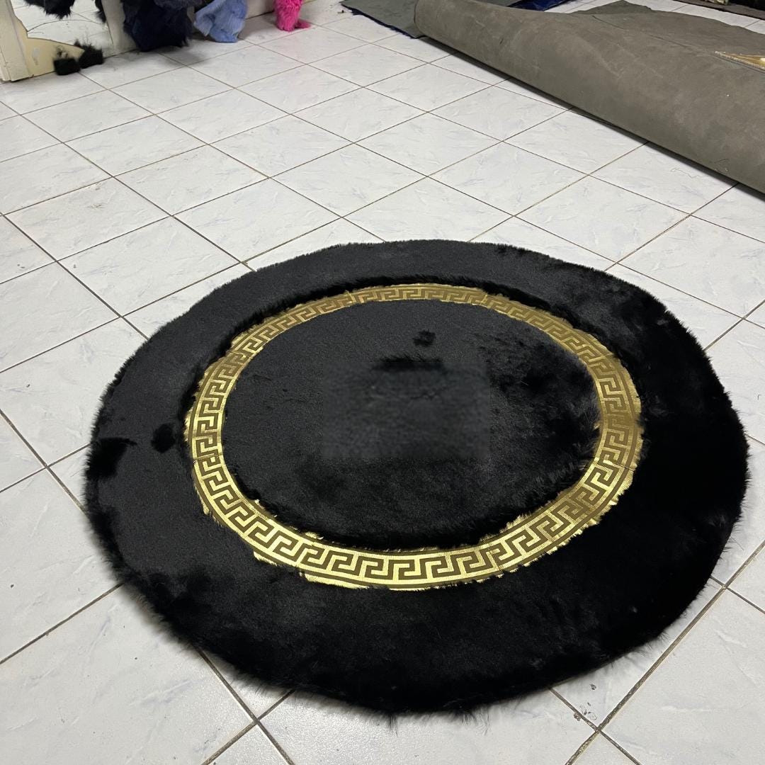 Black Faux Leather Rug for Living Room - Faux Fur Rug - Round Area Rug - Black Shag Rug - Handmade Shaggy Rug - Home Decor - New Home Gift