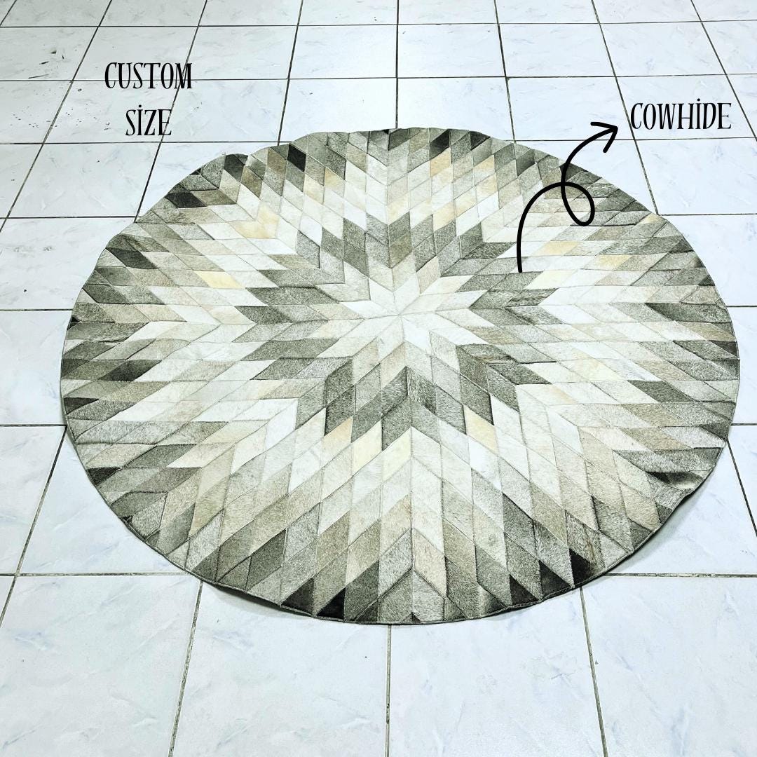Cowhide Multicolor Patchwork Rug, Cowhide Round Rug, Cowhide Area Rug, Custom Rug, Boho Rug, New Home Gift, Rugs for Living Room