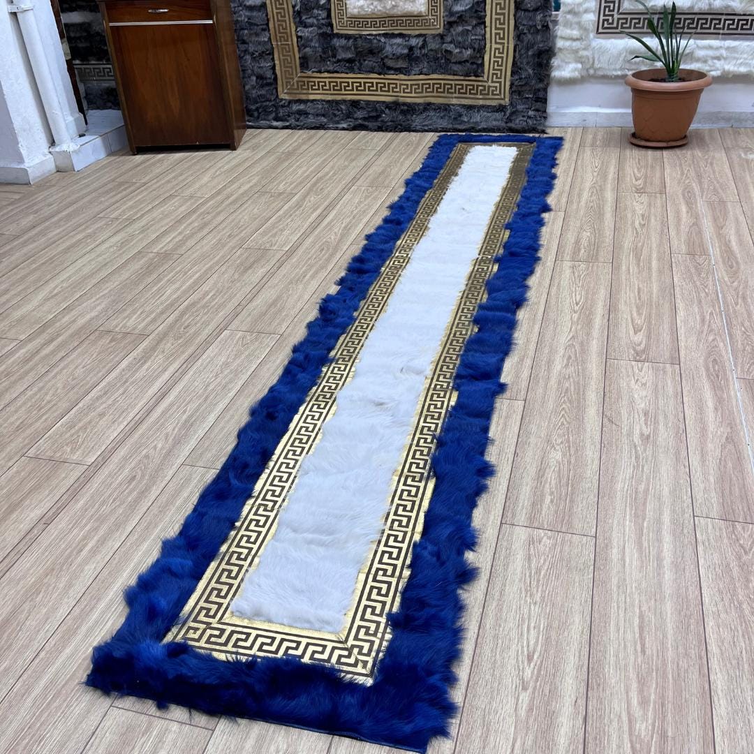 Blue-Gold Sheepskin Rug - Soft Shaggy Area Rug for Living Room & Office, Luxury Blue-White Natural Rug, Cozy Home Decor, New Home Gifts