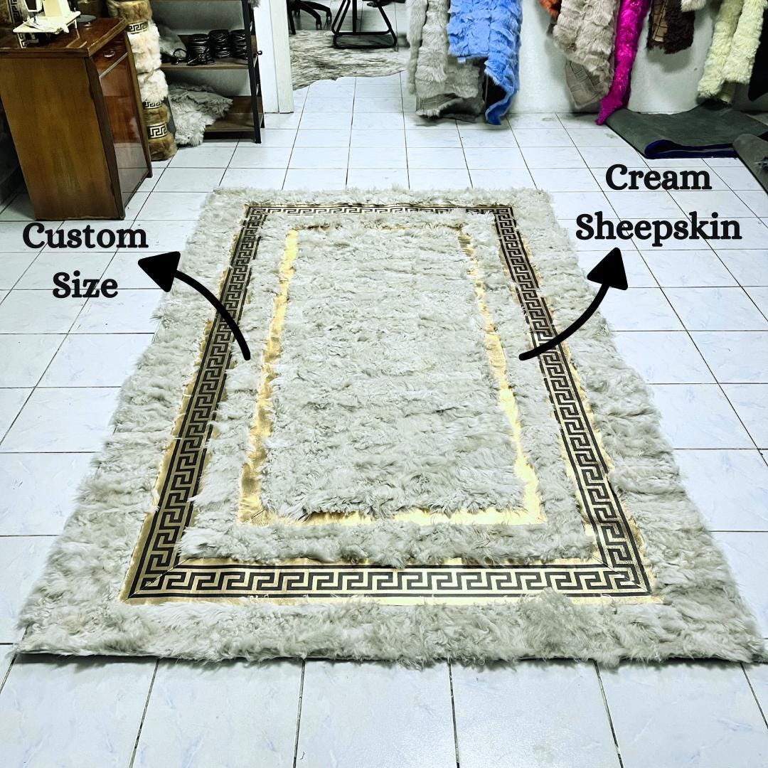 Cream Sheepskin Rug , Luxury Cream With Gold Sheepskin Fur Rug , Shaggy Area Rugs , Soft Area Rug , Rugs For Living Room, Real Sheepskin Rug