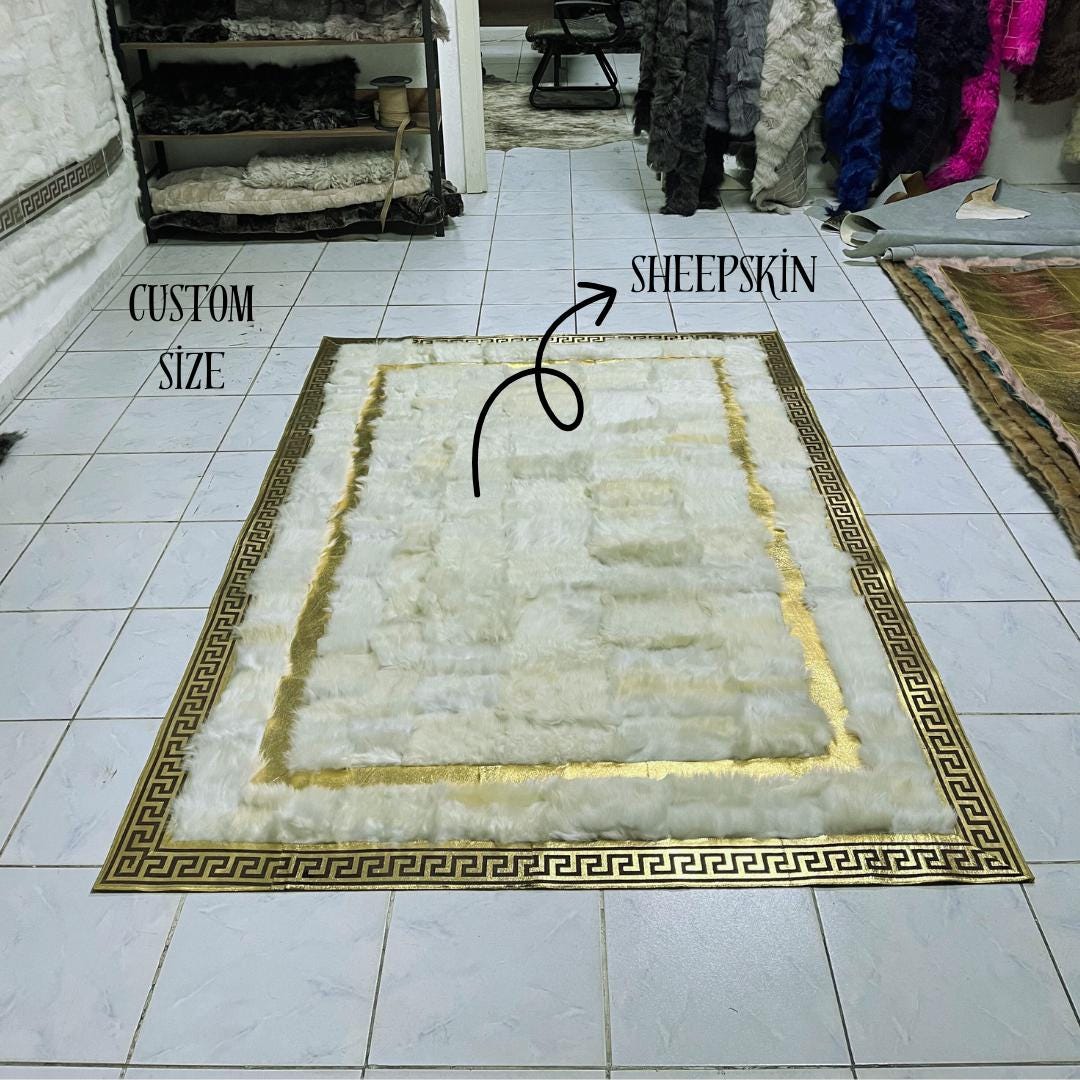 White Sheepskin Rug, White-Gold Sheepskin Area Rug, Natural Floor Fur Rug, Shaggy Rug, Luxury Sheepskin Living Room Rug, Mother's Day Gift