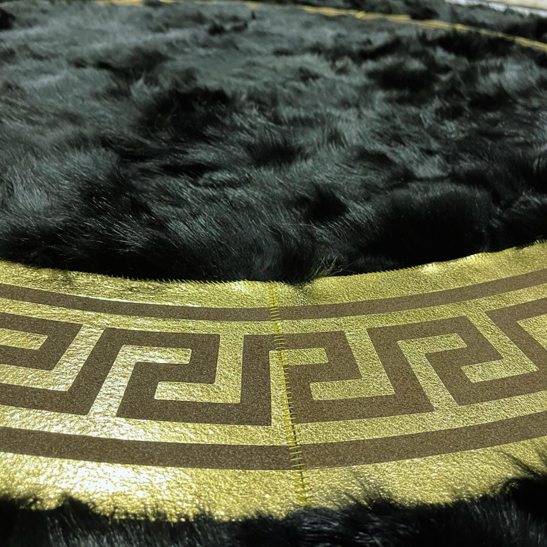 Black Sheepskin Rug, Black-Gold Round Sheepskin Rug, Sheepskin Area Rugs, Natural Soft Area Rug, Rugs For Living Room, Round Area Rugs