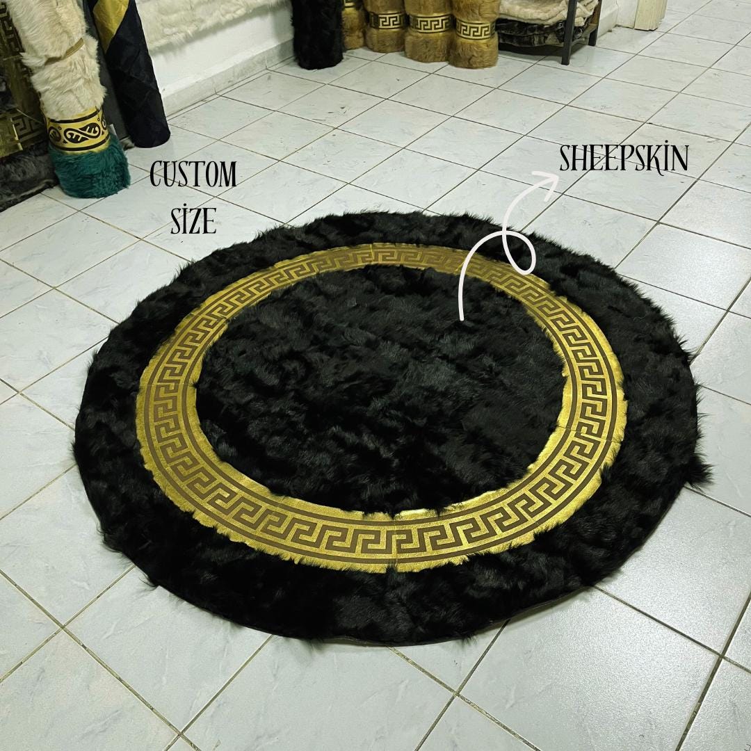 Black Sheepskin Rug, Black-Gold Round Sheepskin Rug, Sheepskin Area Rugs, Natural Soft Area Rug, Rugs For Living Room, Round Area Rugs