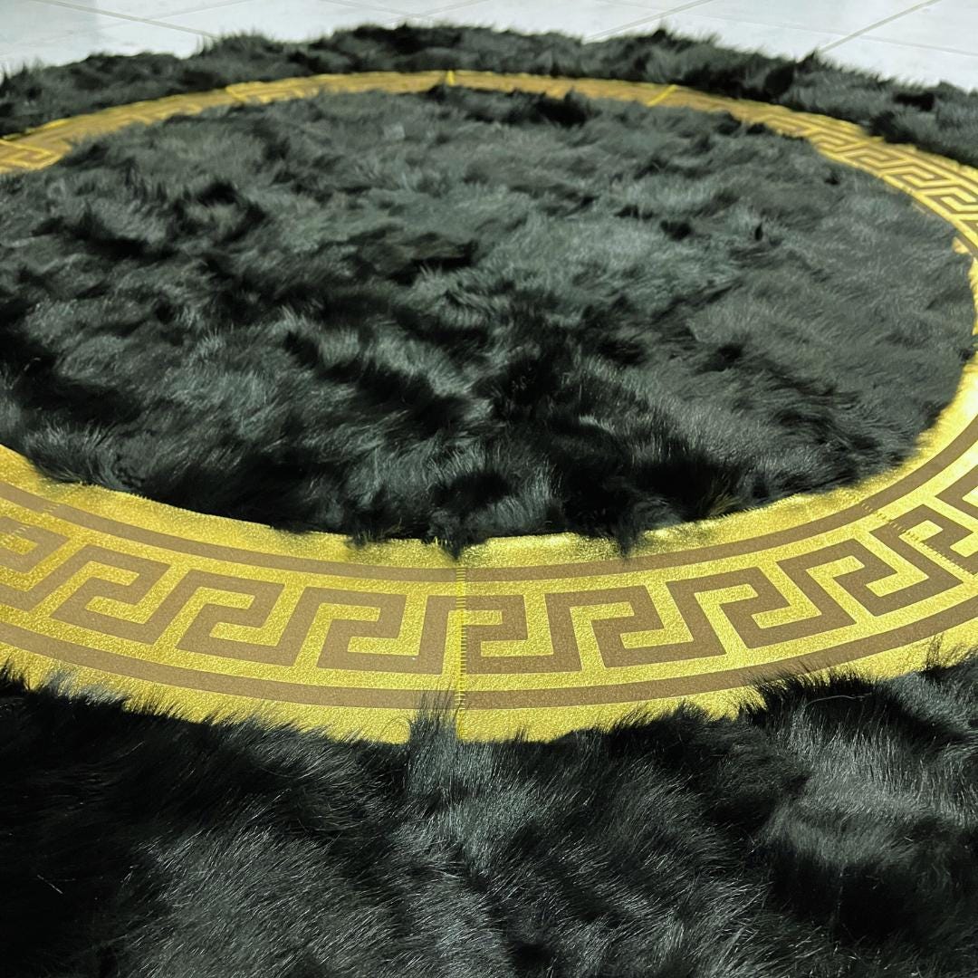 Black Sheepskin Rug, Black-Gold Round Sheepskin Rug, Sheepskin Area Rugs, Natural Soft Area Rug, Rugs For Living Room, Round Area Rugs