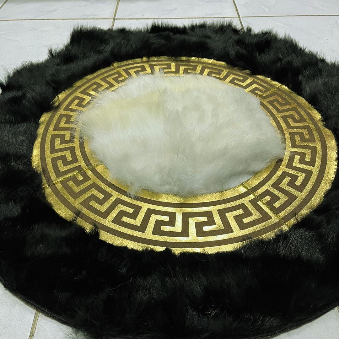 Luxurious Black Sheepskin Rug, Black-White Round Area Rug for Living Room Decor, Sheepskin Round Rug, Rugs For Living Room, Round Area Rugs