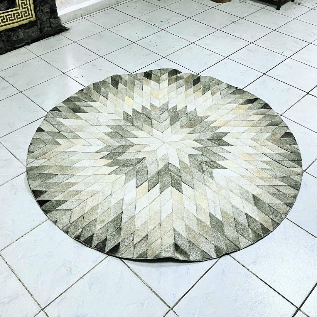 Cowhide Multicolor Patchwork Rug, Cowhide Round Rug, Cowhide Area Rug, Custom Rug, Boho Rug, New Home Gift, Rugs for Living Room