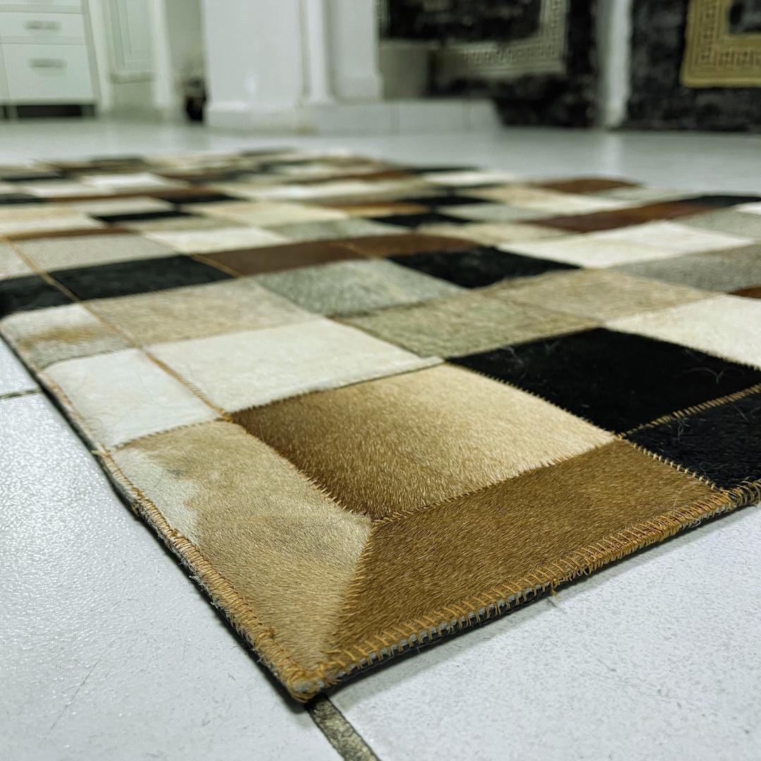 Genuine Multicolor Cowhide Rug - Handmade Cowhide Runner Carpet - Tricolor Cowhide Rug - Leather Patchwork Rug - Area Rug - New Home Gift