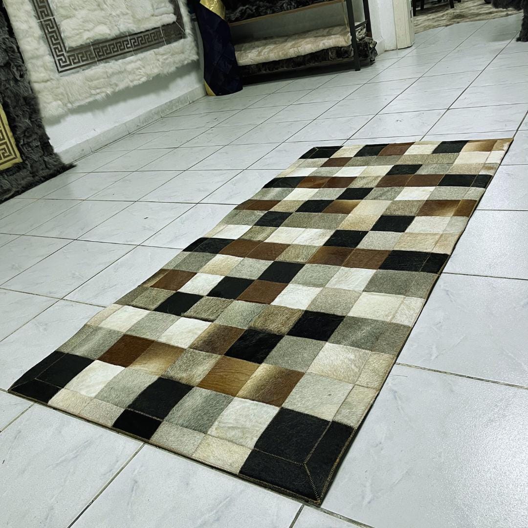 Genuine Multicolor Cowhide Rug - Handmade Cowhide Runner Carpet - Tricolor Cowhide Rug - Leather Patchwork Rug - Area Rug - New Home Gift