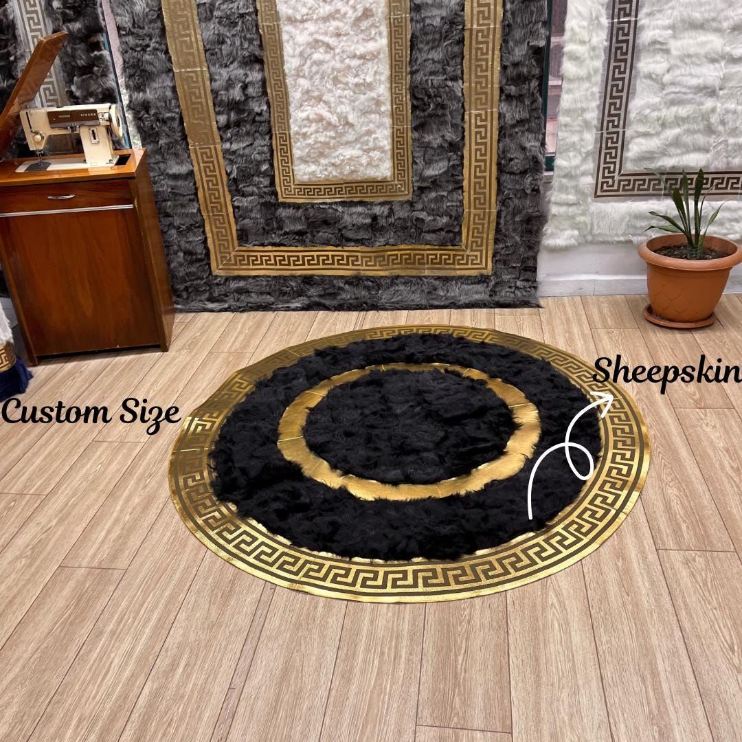 Round Black Sheepskin Rug - Handmade Area Rugs - Giant Sheepskin Rug - Natural Sheepskin Rugs for Living Room - Leather Rug - New Home Gift