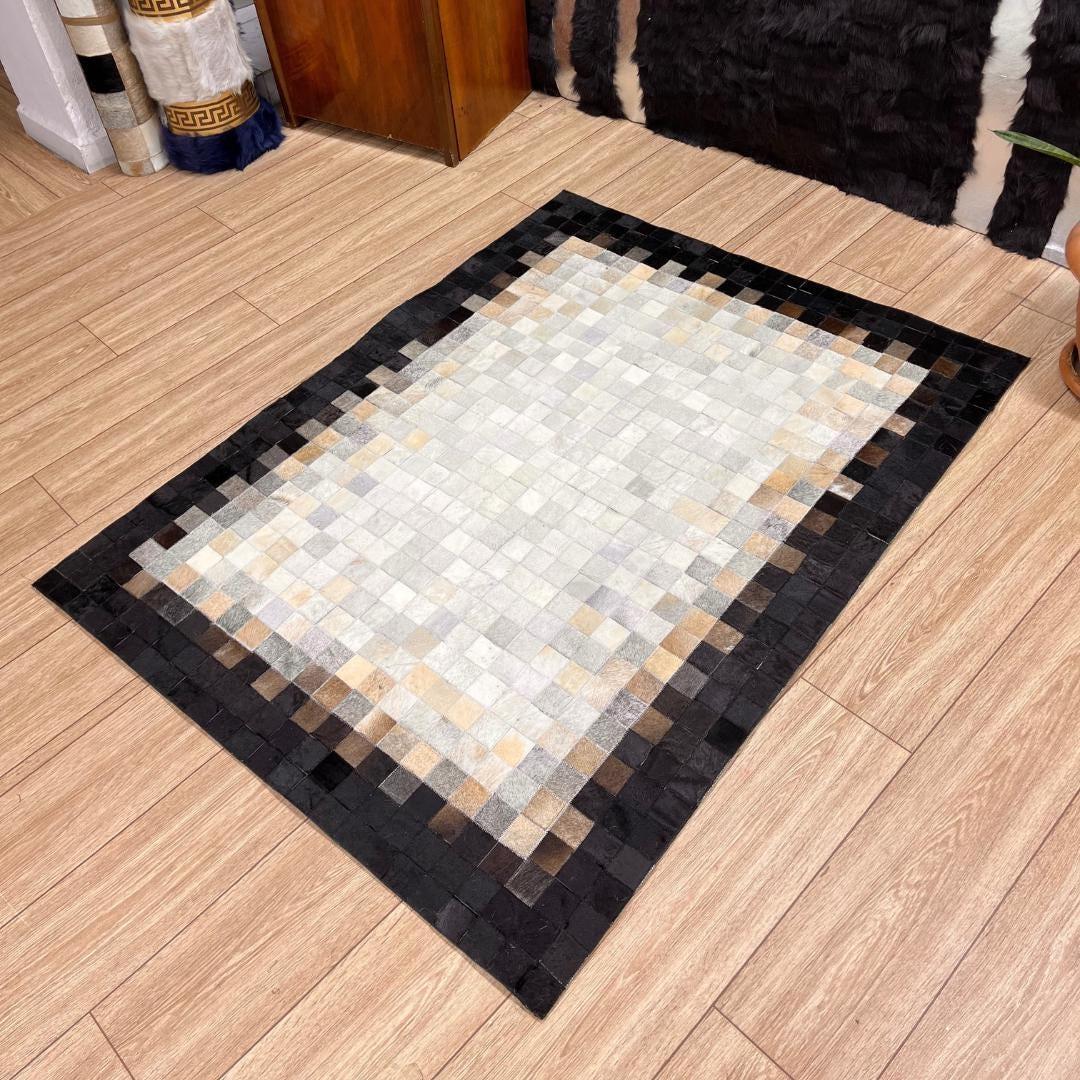 Natural Black-White Cowhide Runner Rug, Real Cowhide Handmade Rugs, Patchwork Rugs for Bedroom Decor, Housewarming Gift, Cowhide Area Rugs