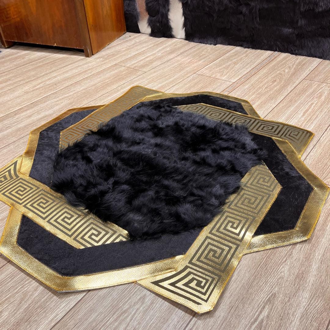 Gold and Black Cowhide Black Sheepskin Rug, Genuine Lambskin Fur Rug, Sheepskin Fur Rugs, Fluffy Area Rugs, Wool Area Rugs, New Home Gift