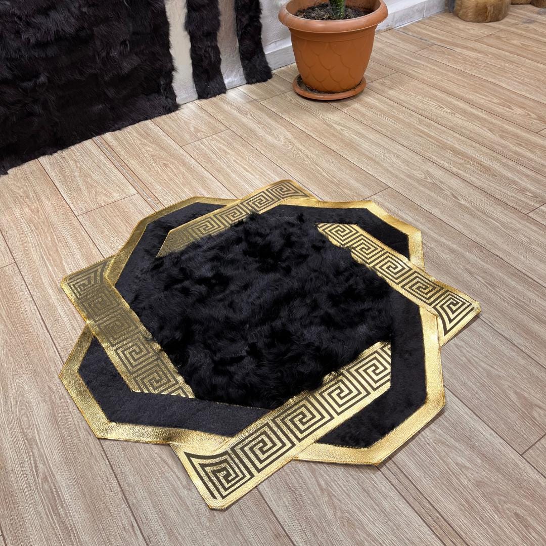 Gold and Black Cowhide Black Sheepskin Rug, Genuine Lambskin Fur Rug, Sheepskin Fur Rugs, Fluffy Area Rugs, Wool Area Rugs, New Home Gift