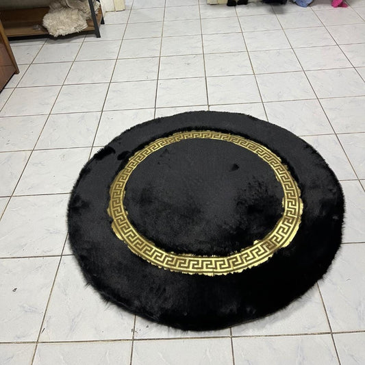 Black Faux Leather Round Rug: Handmade Shaggy Home Decor - BuzzLeatherCarpetBlack Faux Leather Round Rug: Handmade Shaggy Home Decor