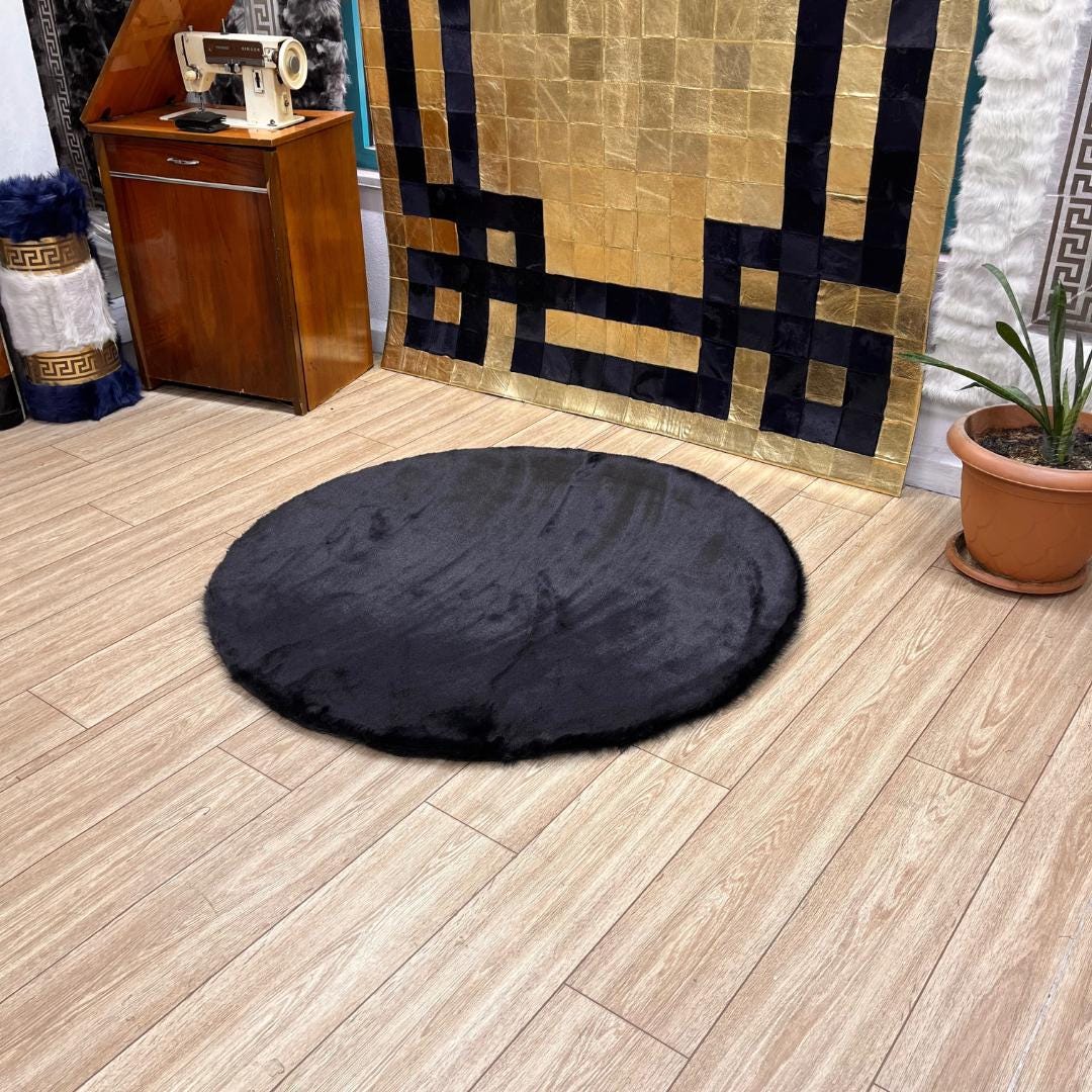 Black Faux Leather Rug for Living Room - Faux Fur Rug - Round Area Rug - Black Shag Rug - Handmade Shaggy Rug - Home Decor - New Home Gift - BuzzLeatherCarpetBlack Faux Leather Rug for Living Room - Faux Fur Rug - Round Area Rug - Black Shag Rug - Handmade Shaggy Rug - Home Decor - New Home Gift
