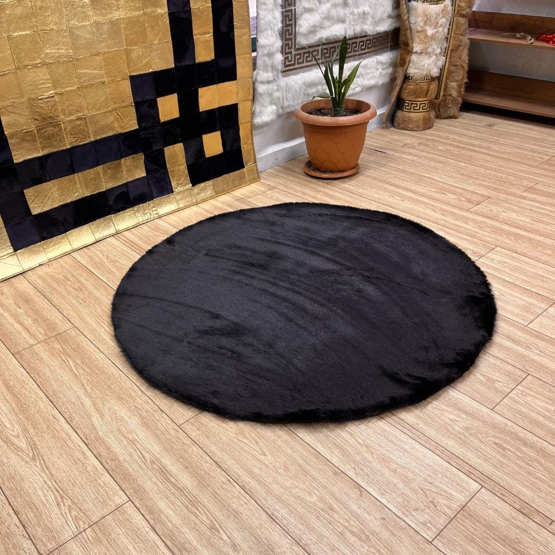Black Faux Leather Rug for Living Room - Faux Fur Rug - Round Area Rug - Black Shag Rug - Handmade Shaggy Rug - Home Decor - New Home Gift - BuzzLeatherCarpetBlack Faux Leather Rug for Living Room - Faux Fur Rug - Round Area Rug - Black Shag Rug - Handmade Shaggy Rug - Home Decor - New Home Gift