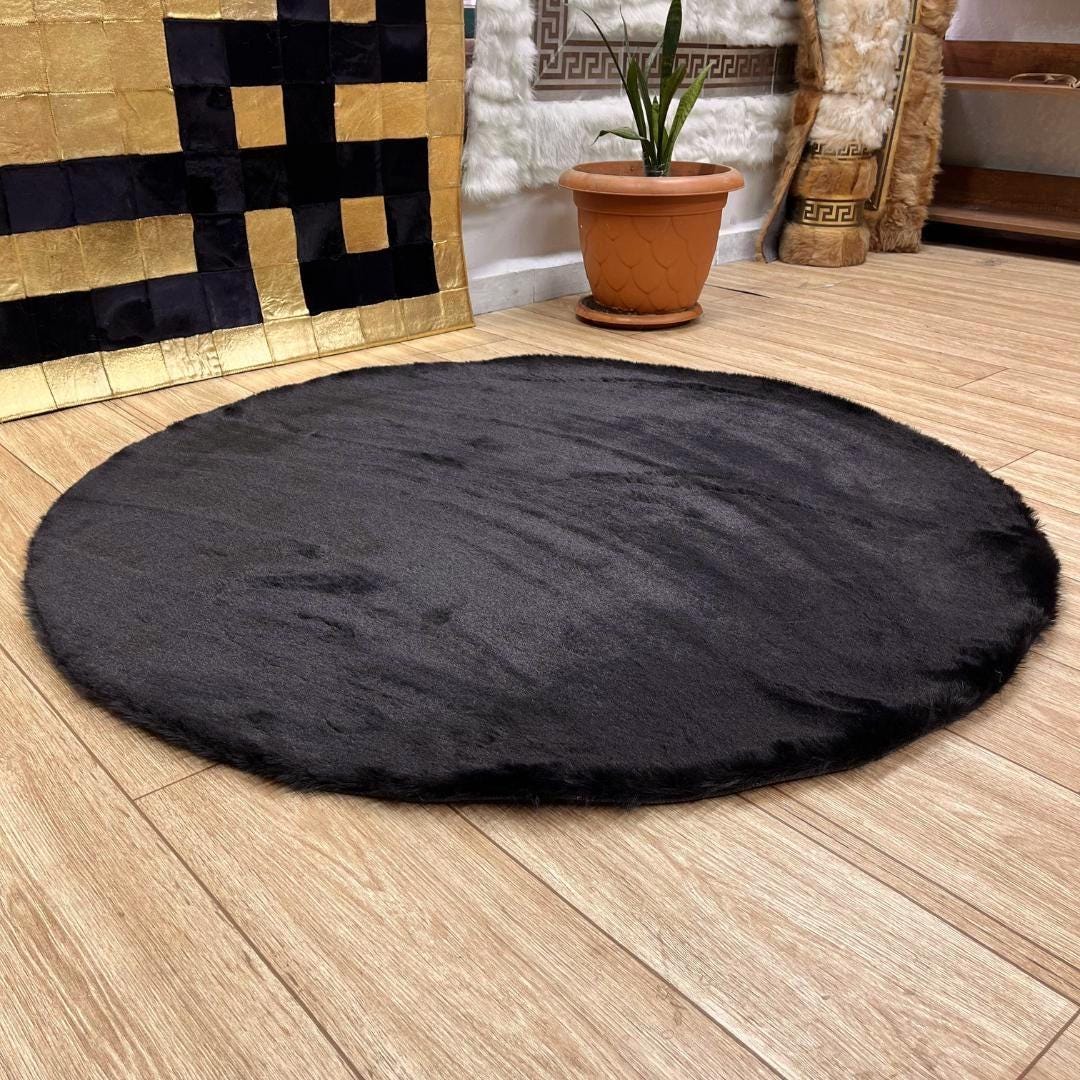 Black Faux Leather Rug for Living Room - Faux Fur Rug - Round Area Rug - Black Shag Rug - Handmade Shaggy Rug - Home Decor - New Home Gift - BuzzLeatherCarpetBlack Faux Leather Rug for Living Room - Faux Fur Rug - Round Area Rug - Black Shag Rug - Handmade Shaggy Rug - Home Decor - New Home Gift