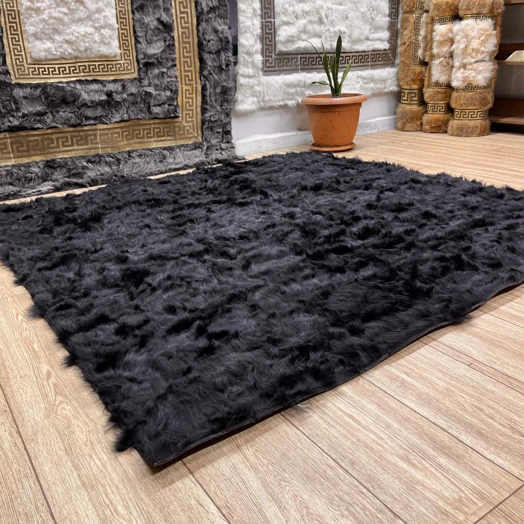 Black Sheepskin Fur Rug: Handmade Wool Area Rug - BuzzLeatherCarpetBlack Sheepskin Fur Rug: Handmade Wool Area Rug