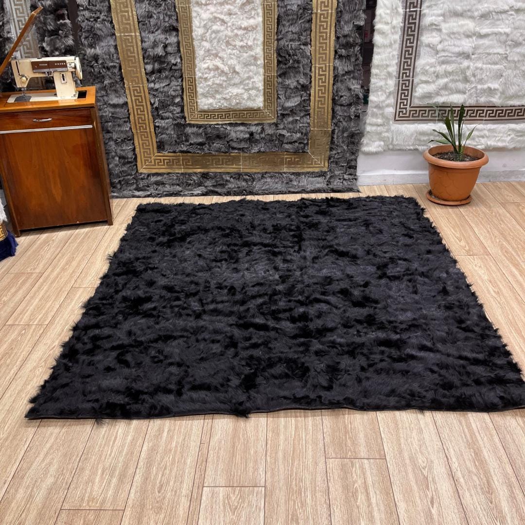 Black Sheepskin Fur Rug: Handmade Wool Area Rug - BuzzLeatherCarpetBlack Sheepskin Fur Rug: Handmade Wool Area Rug