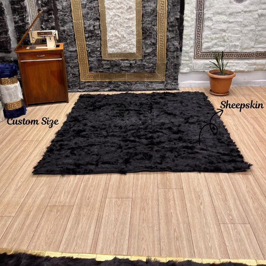 Black Sheepskin Fur Rug: Handmade Wool Area Rug - BuzzLeatherCarpetBlack Sheepskin Fur Rug: Handmade Wool Area Rug