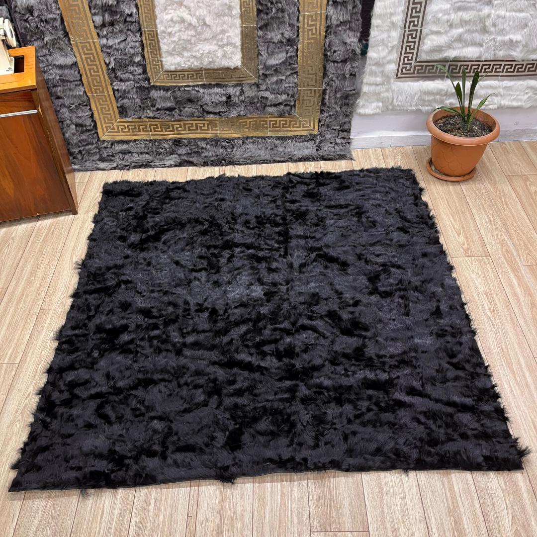 Black Sheepskin Fur Rug: Handmade Wool Area Rug - BuzzLeatherCarpetBlack Sheepskin Fur Rug: Handmade Wool Area Rug