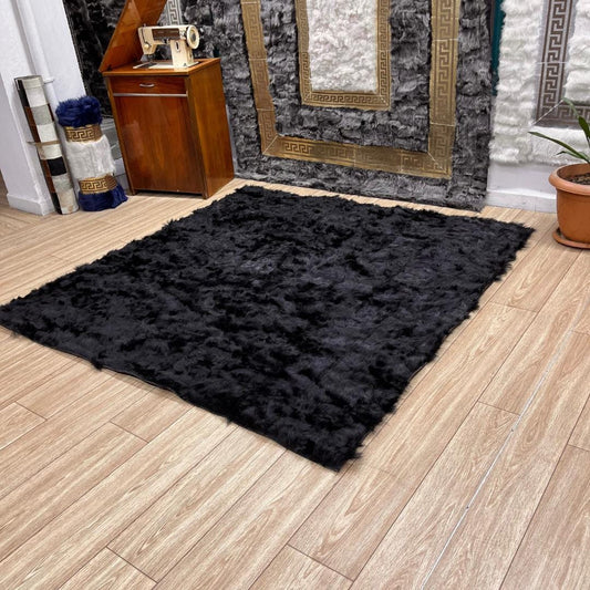 Black Sheepskin Fur Rug: Handmade Wool Area Rug - BuzzLeatherCarpetBlack Sheepskin Fur Rug: Handmade Wool Area Rug