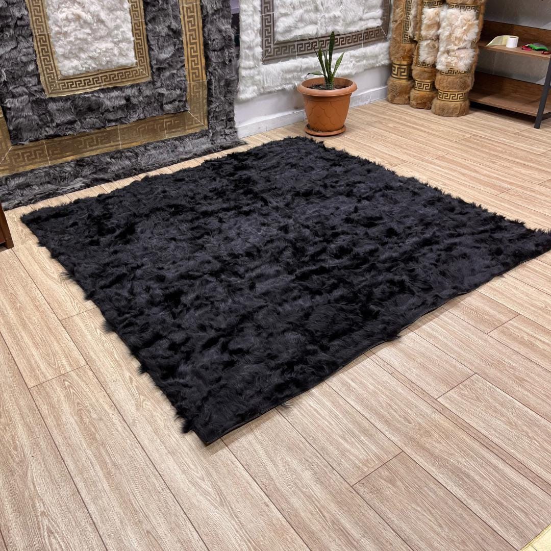 Black Sheepskin Fur Rug: Handmade Wool Area Rug - BuzzLeatherCarpetBlack Sheepskin Fur Rug: Handmade Wool Area Rug