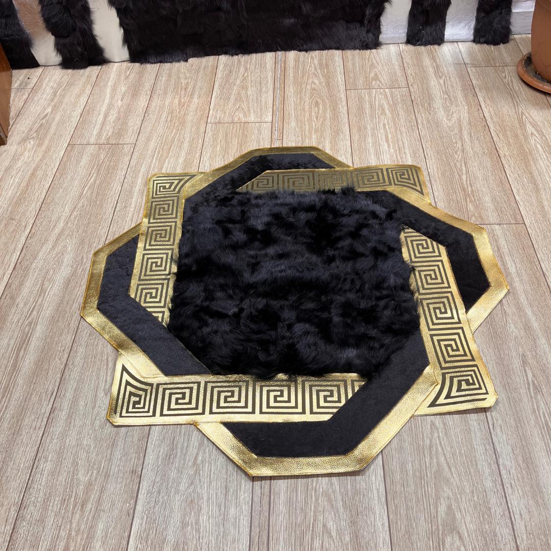 Gold & Black Cowhide Sheepskin Rug: Fluffy Lambskin Fur Area Rug - BuzzLeatherCarpetGold & Black Cowhide Sheepskin Rug: Fluffy Lambskin Fur Area Rug