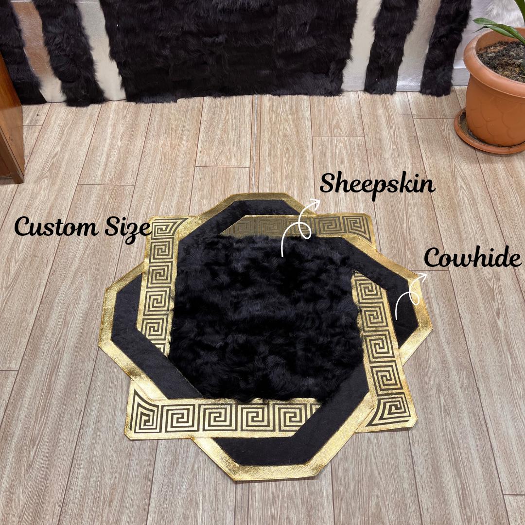 Gold & Black Cowhide Sheepskin Rug: Fluffy Lambskin Fur Area Rug - BuzzLeatherCarpetGold & Black Cowhide Sheepskin Rug: Fluffy Lambskin Fur Area Rug