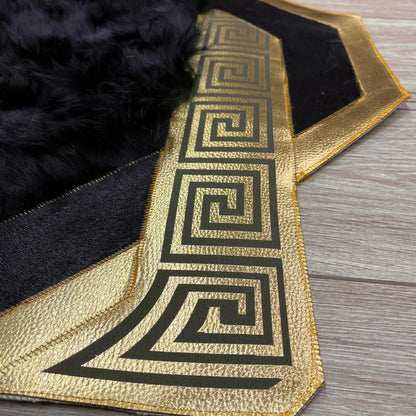 Gold & Black Cowhide Sheepskin Rug: Fluffy Lambskin Fur Area Rug - BuzzLeatherCarpetGold & Black Cowhide Sheepskin Rug: Fluffy Lambskin Fur Area Rug