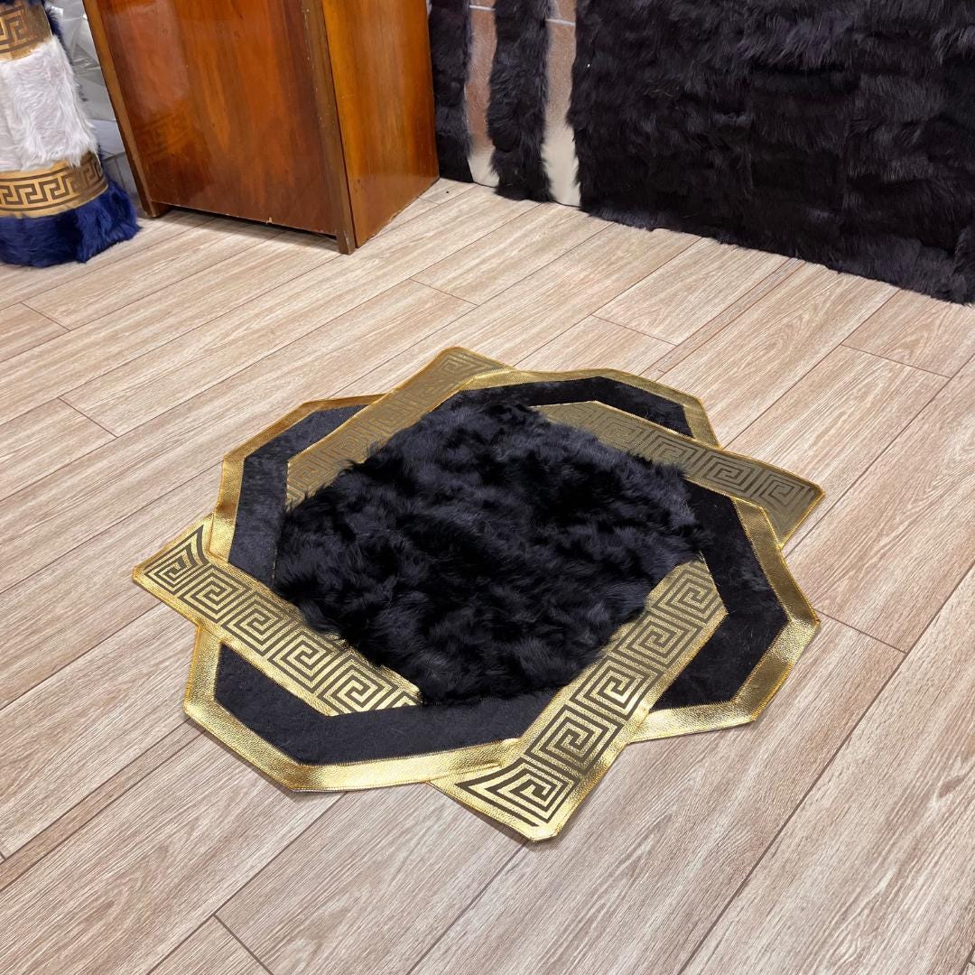 Gold & Black Cowhide Sheepskin Rug: Fluffy Lambskin Fur Area Rug - BuzzLeatherCarpetGold & Black Cowhide Sheepskin Rug: Fluffy Lambskin Fur Area Rug