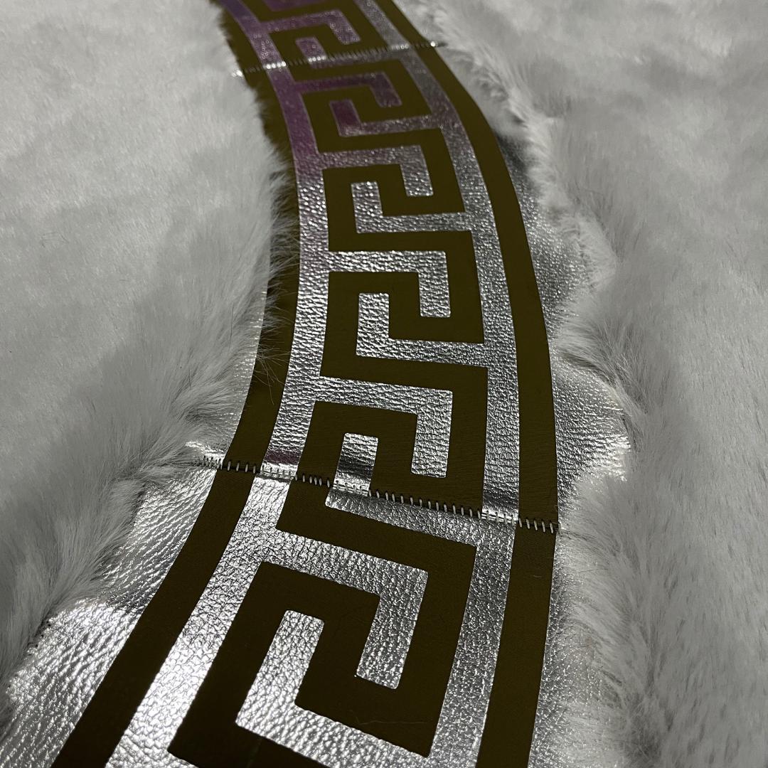 Gray Faux Fur Rug: Shaggy Plush Rug with Greek Key Border - BuzzLeatherCarpetGray Faux Fur Rug: Shaggy Plush Rug with Greek Key Border