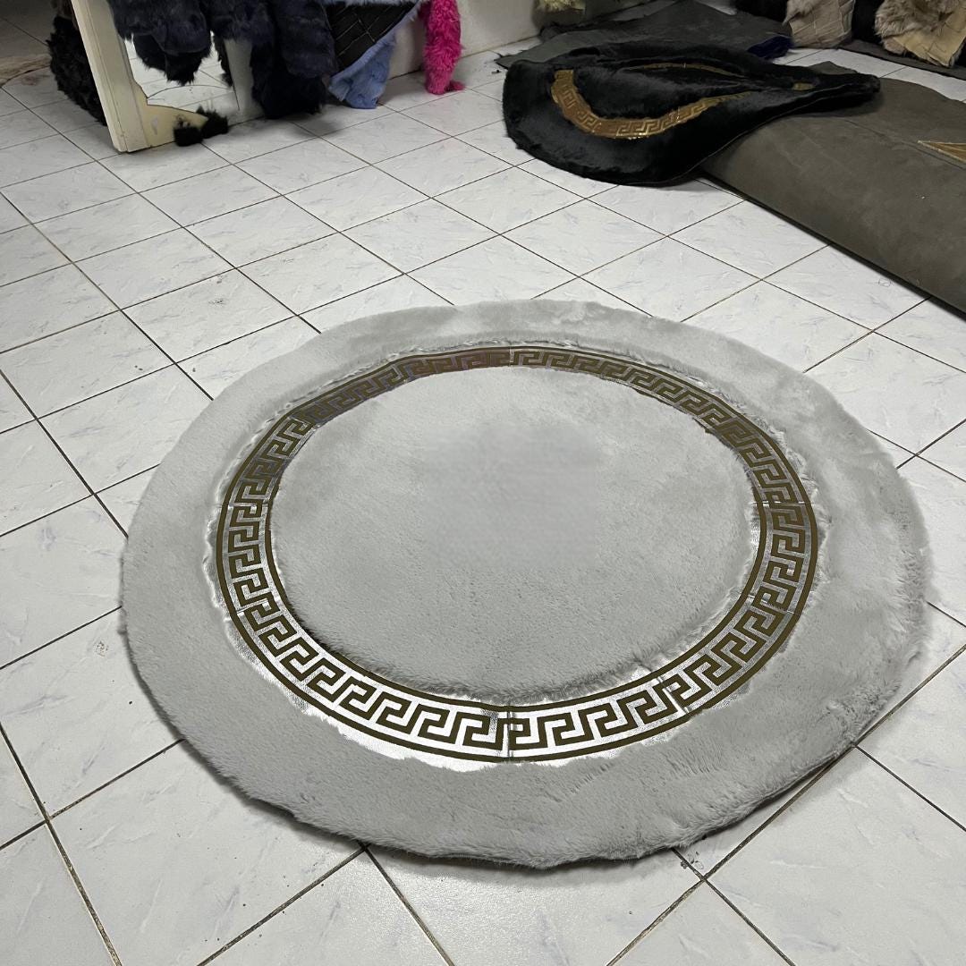 Gray Faux Fur Rug: Shaggy Plush Rug with Greek Key Border - BuzzLeatherCarpetGray Faux Fur Rug: Shaggy Plush Rug with Greek Key Border